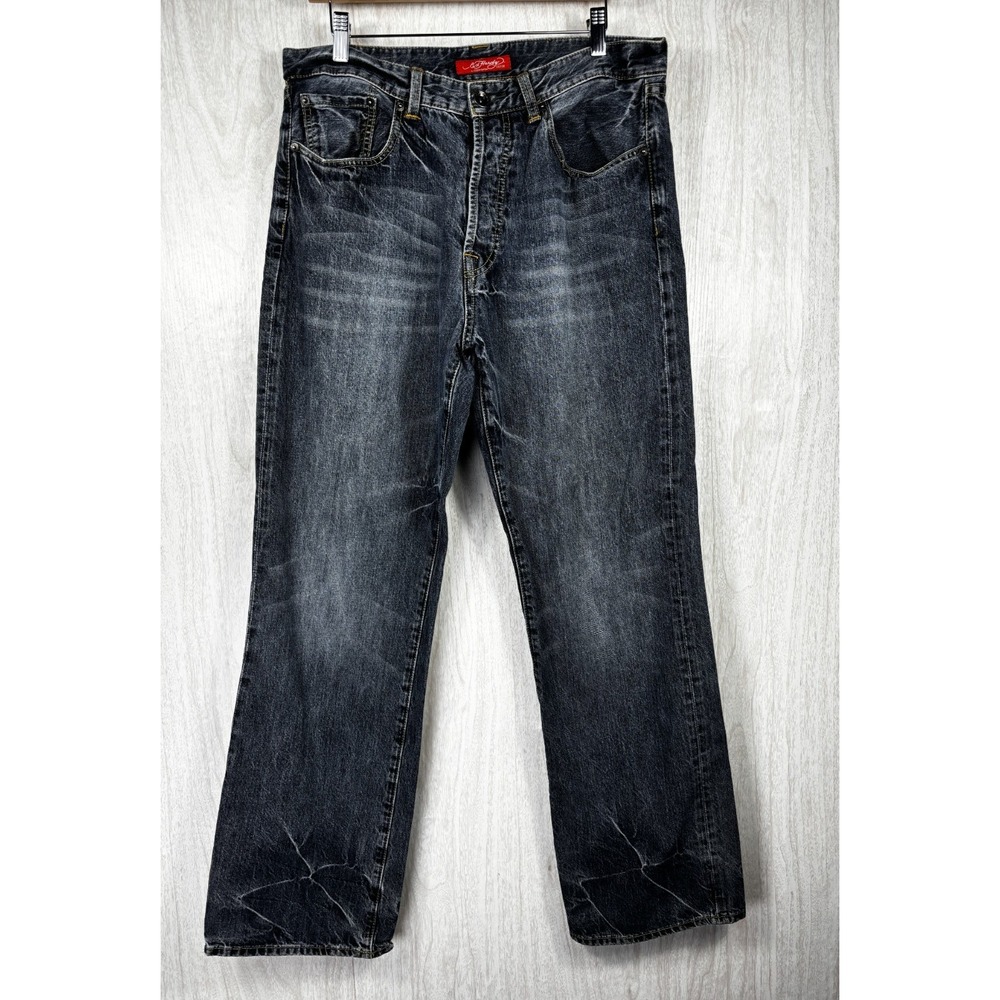Ed‎ Hardy Baggy Jeans 34x30 Green Stitch Y2K Minimal Logo Streetwear Denim